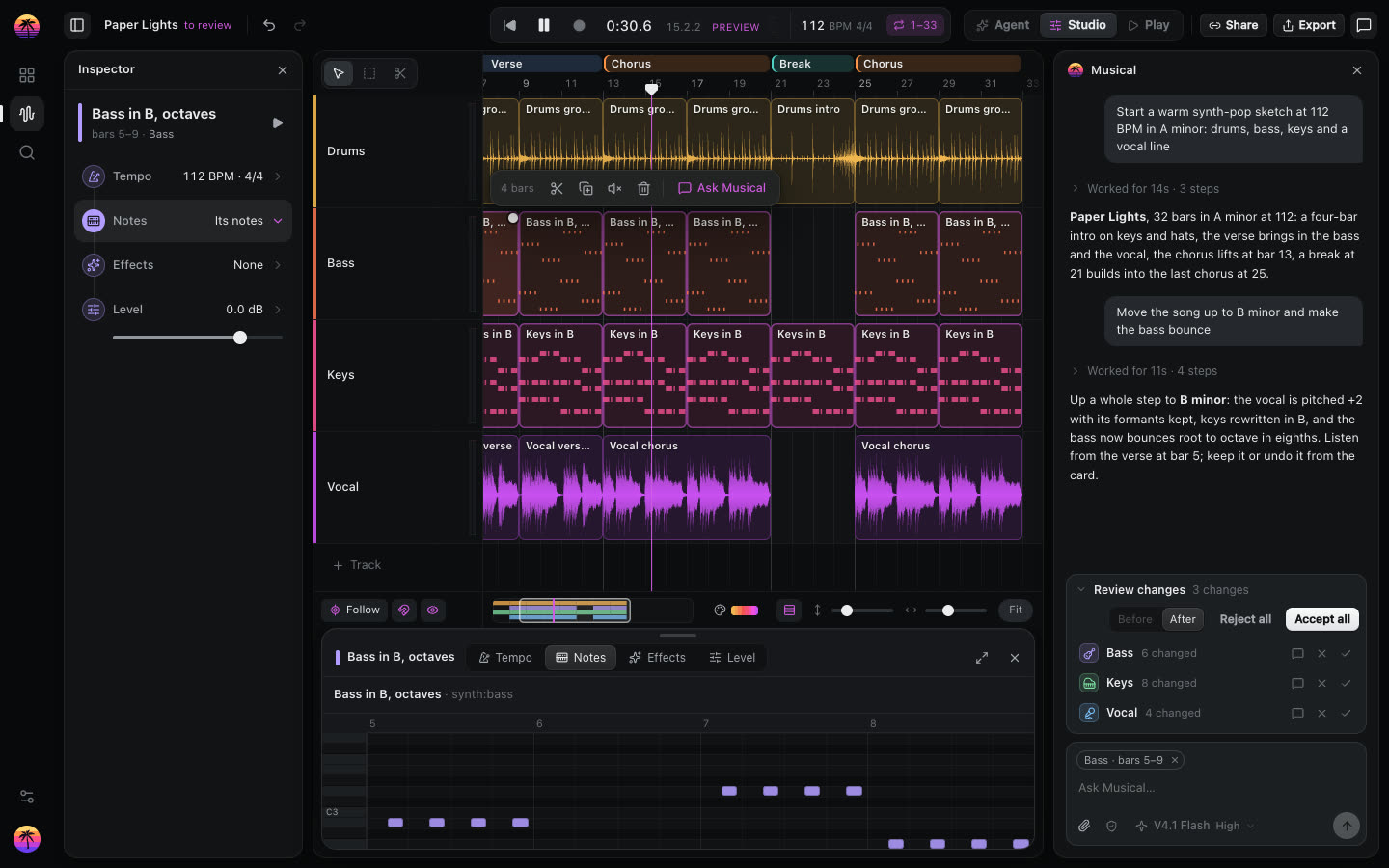 Review changes in the chat: the bass, keys and vocal changed, each with keep or reject