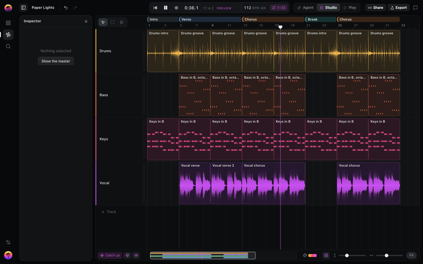 The Studio view: drums, bass, keys and vocal across the song's sections